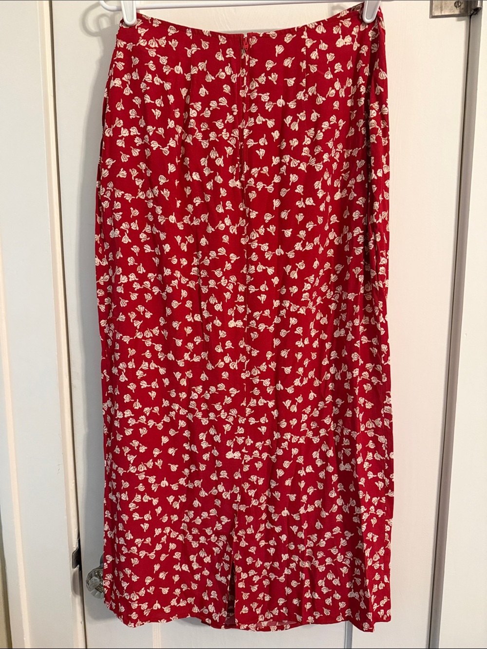 Maxi Faux-Wrap Boho Skirt, Tie at Waist, Zip in Back, Red & Cream, Multi-Season - Picture 2 of 9